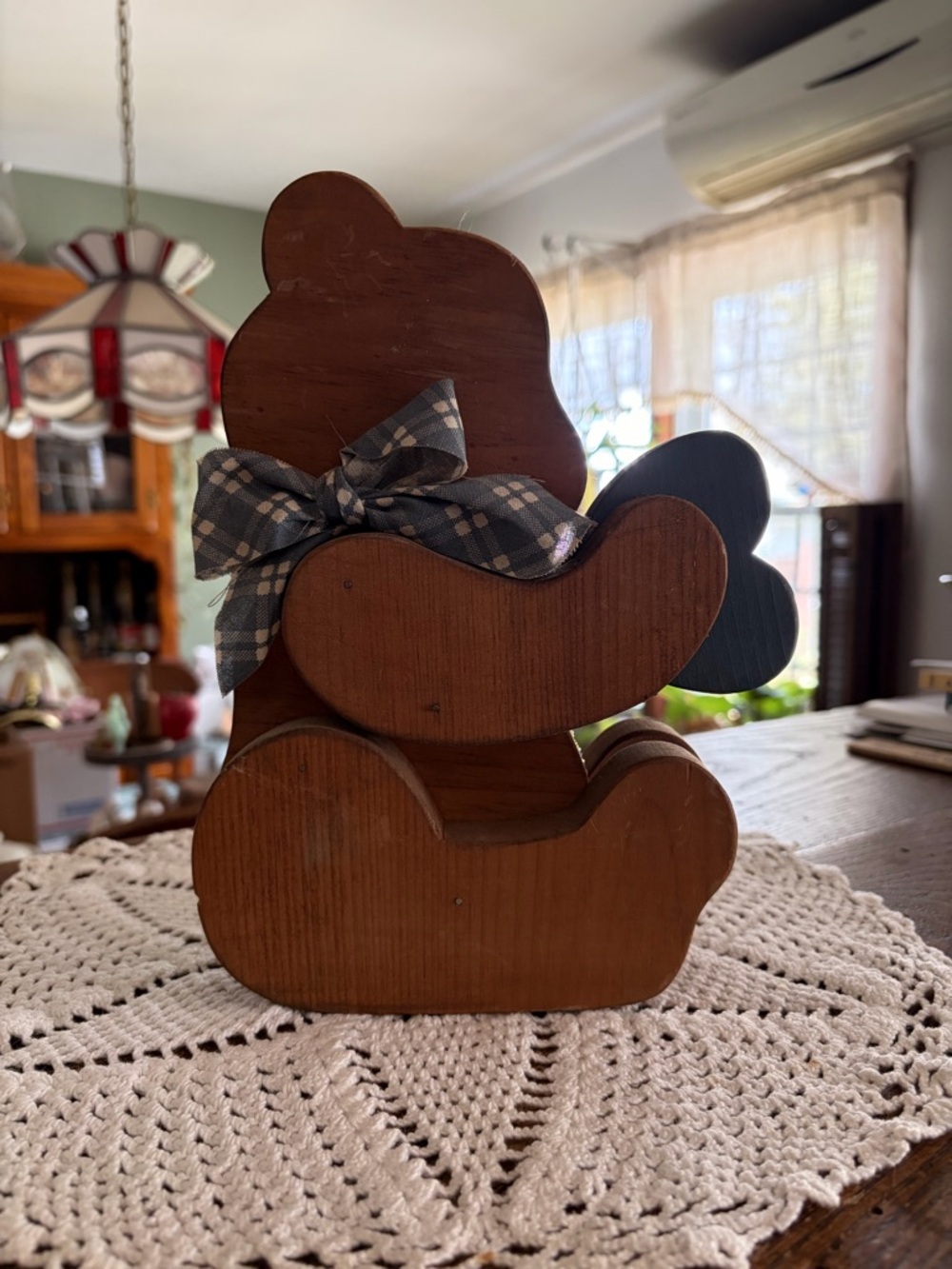 Handmade Wooden Bear Shelf with Plaid Bow - Brown & Blue
